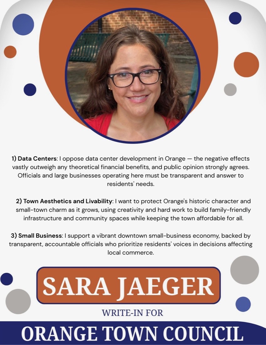 Campaign flyer listing Sara Jaeger's three priorities: data centers, town aesthetics and livability, and small business.