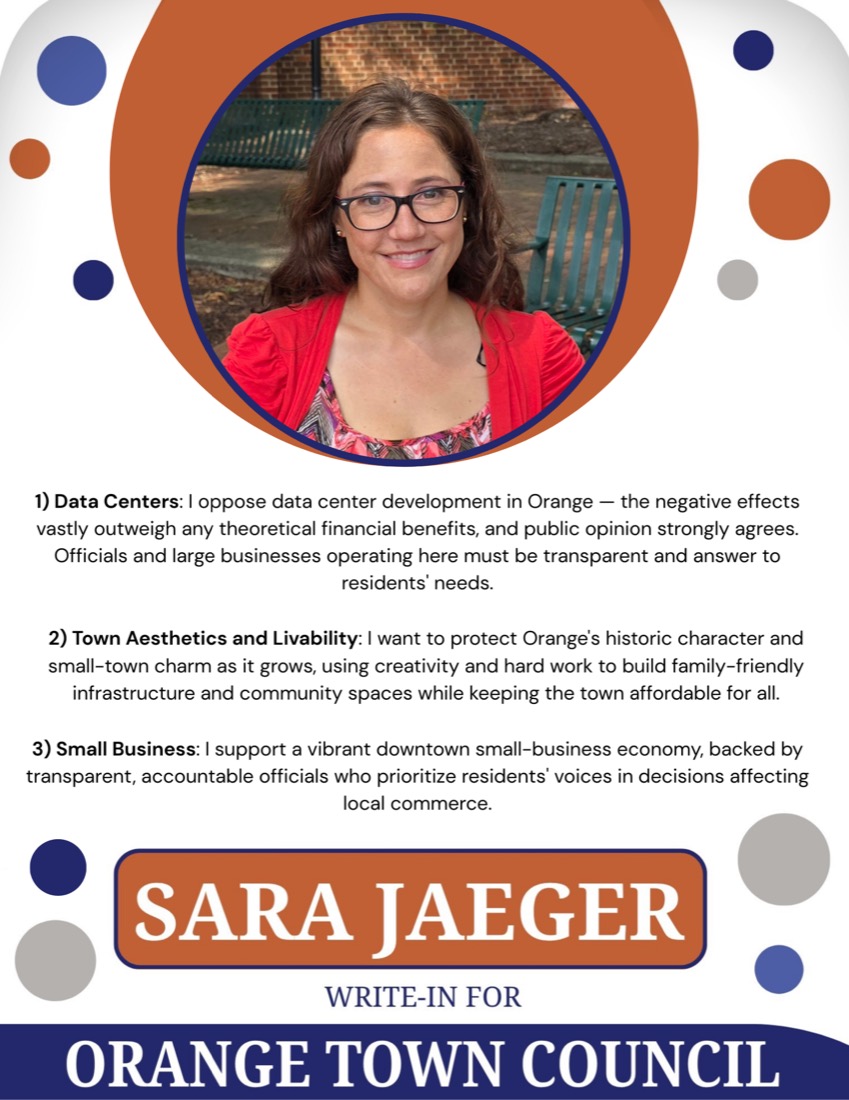 Walk card back listing Sara Jaeger's priorities: data centers, town aesthetics and livability, and small business.