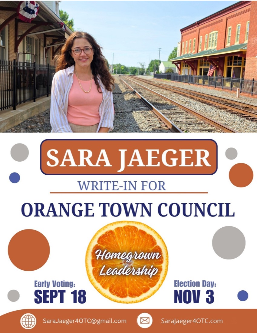 Walk card front: Sara Jaeger, write-in for Orange Town Council, with early voting and Election Day dates.